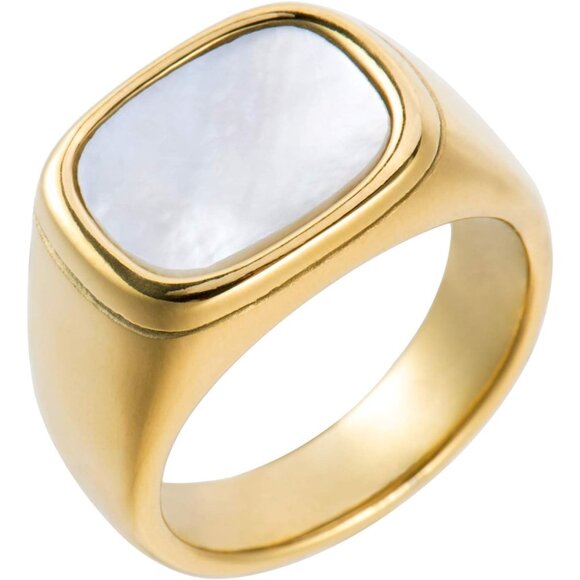 Women's Gold Signet Ring Starburst Minimalist Pearl With Natural Shell - Picture 1 of 9
